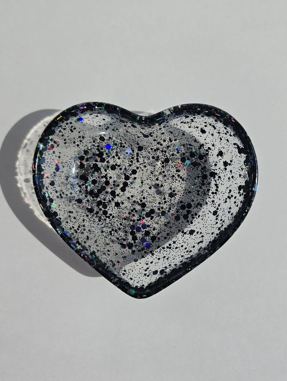 Handmade Holographic Black Glitter Mini Heart Resin Dish Jewelry Tray Girly Deco